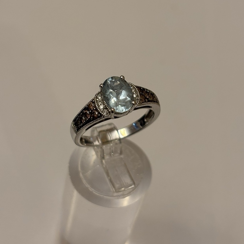 LeVian 14K White Gold Aquamarine Ring w/ Chocolate & White Diamonds, Size 7